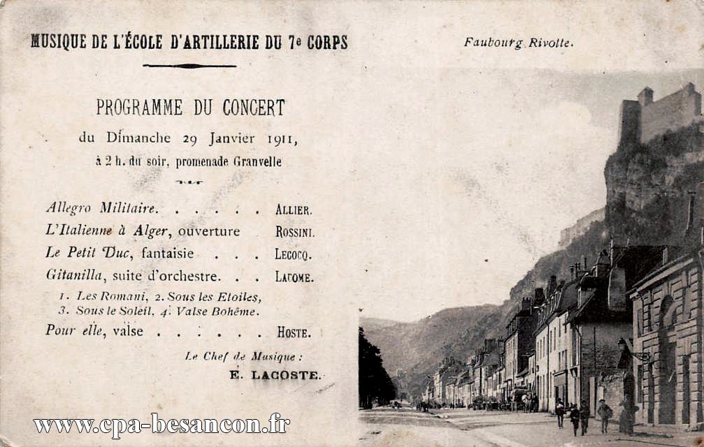Musique de l’École d'Artillerie du 7e Corps - Besançon - Faubourg Rivotte. Programme du Concert du Dimanche 29 Janvier 1911, à 2h. du soir, promenade Granvelle